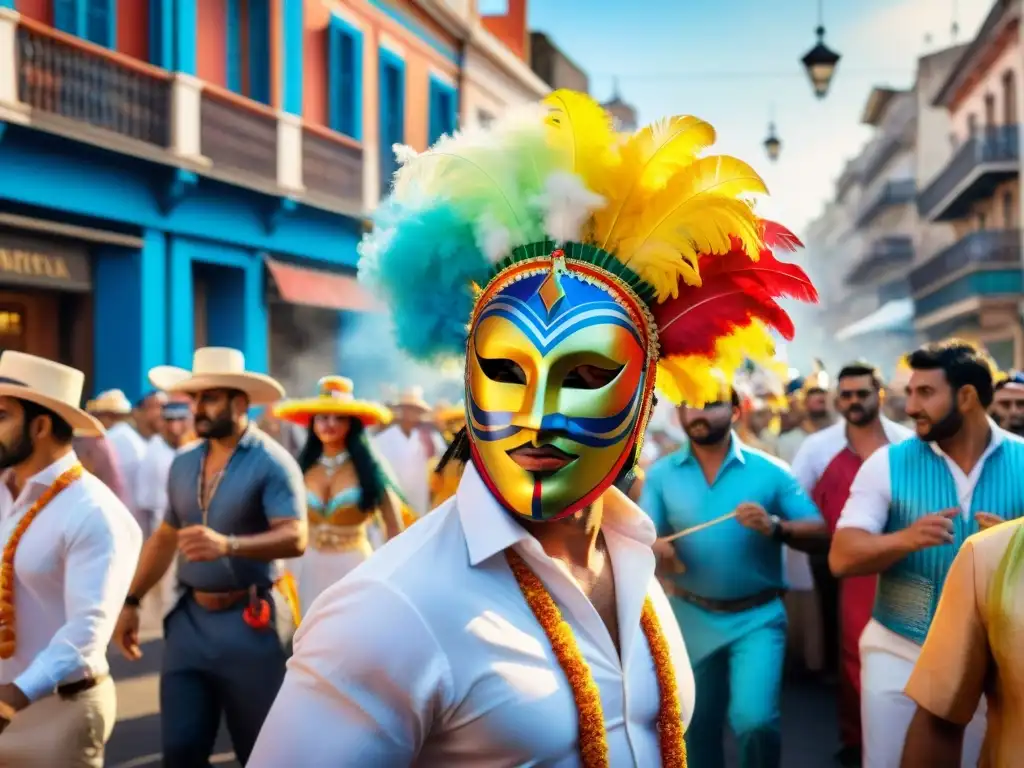 Ilustración acuarela vibrante del Carnaval Uruguayo, con máscaras tradicionales coloridas, bailarines y música en las calles de Montevideo