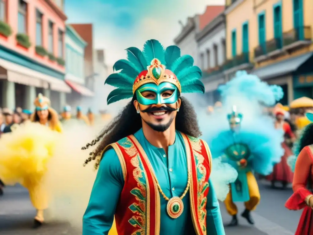 Vibrante ilustración acuarela del Carnaval Uruguayo, con máscaras, trajes coloridos y bailarines energéticos desfilando por las calles