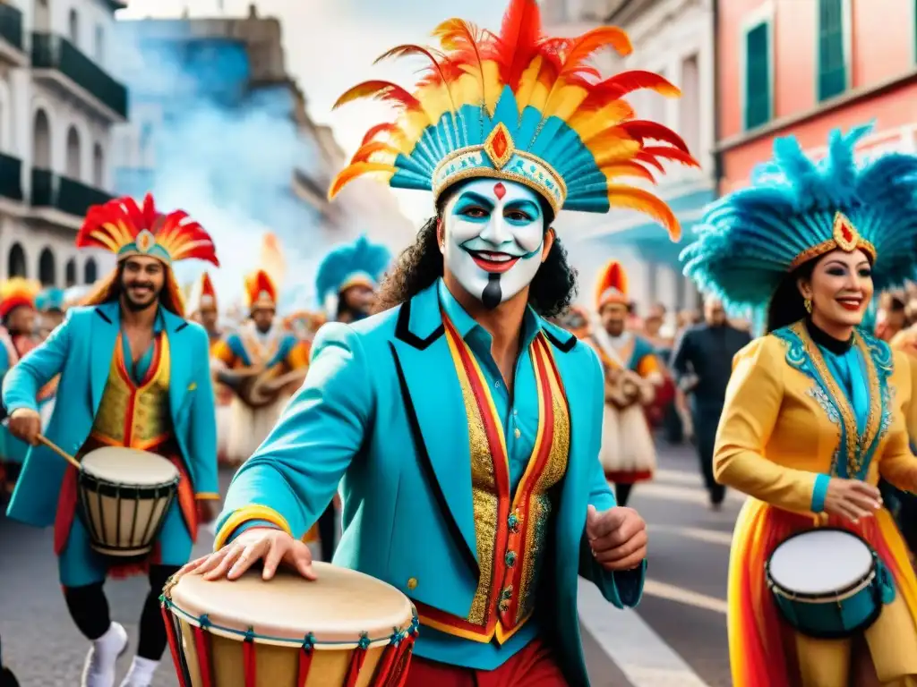 Una representación acuarela vibrante del carnaval uruguayo fusionando tradición y modernidad en la era digital