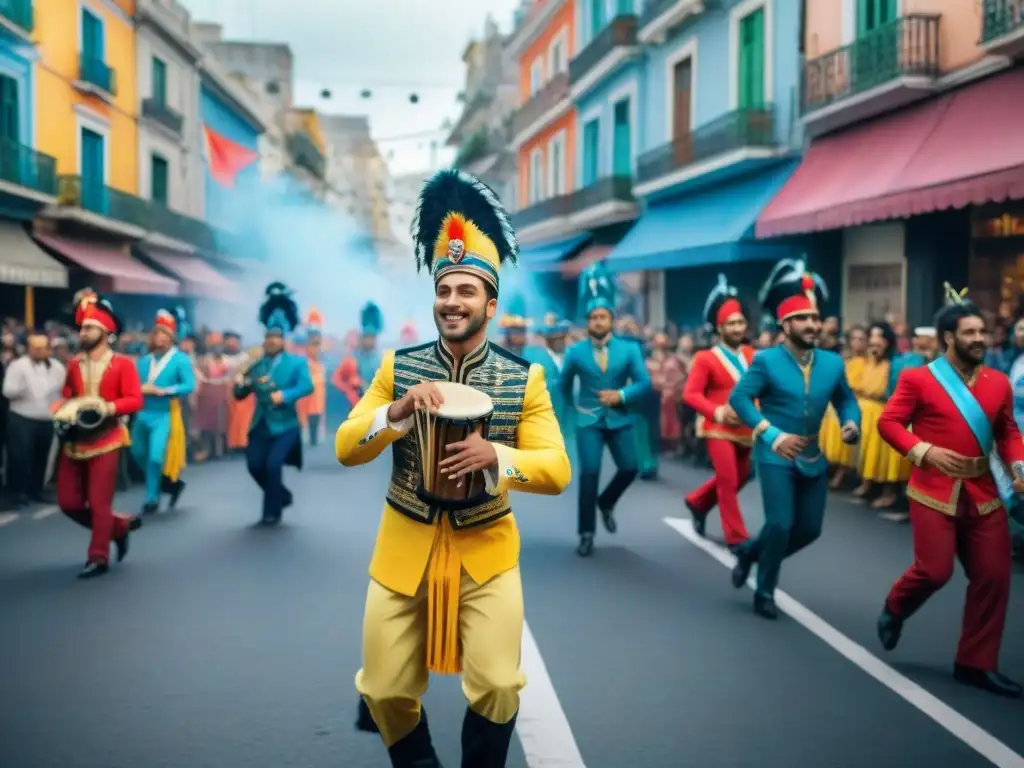 Un vibrante Carnaval Uruguayo: Murga en Montevideo con músicos, bailarines, espectadores y banderas ondeando