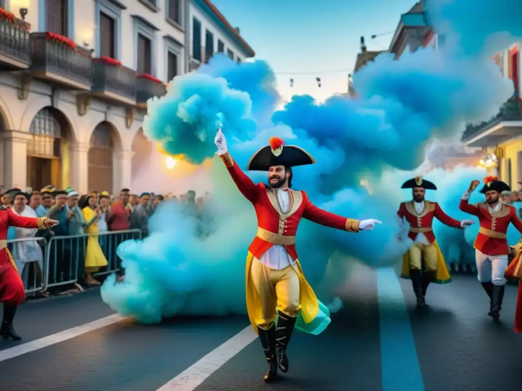 Vibrante ilustración acuarela del Carnaval Uruguayo, murgas en trajes tradicionales bailando entre multitud en desfile callejero