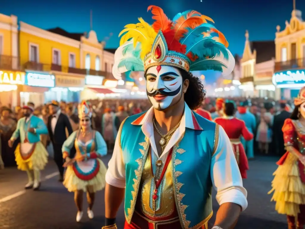 Fotografiar el vibrante Carnaval Uruguayo de Noche con coloridos desfiles y espectadores animados