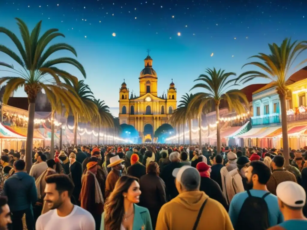 Fotografía del vibrante Carnaval Uruguayo de Noche, con máscaras y trajes coloridos bajo la luz de las farolas