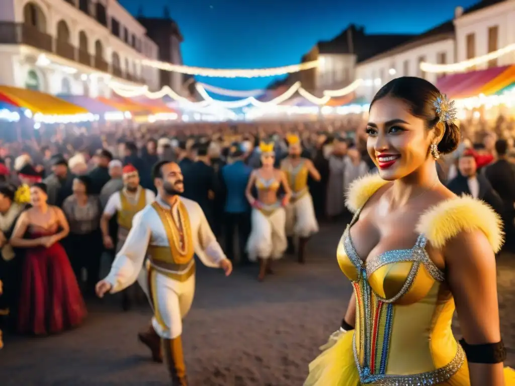 Vibrante Carnaval Uruguayo noche estrellada: coloridos carros alegóricos, bailarines con trajes llamativos y multitud animada