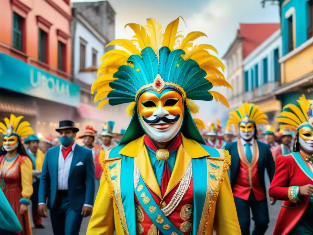 Disfruta del vibrante Carnaval Uruguayo online, con gente alegre y coloridos trajes en un desfile festivo