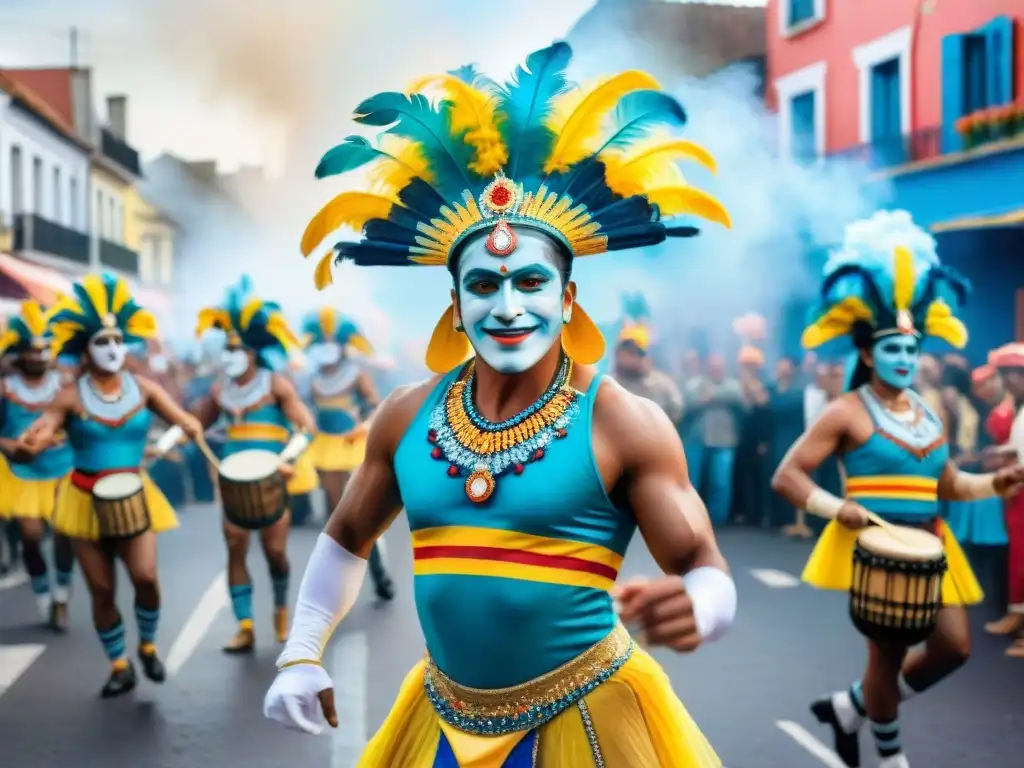 Disfruta del vibrante Carnaval Uruguayo online: danzas coloridas, tambores y espectadores animados