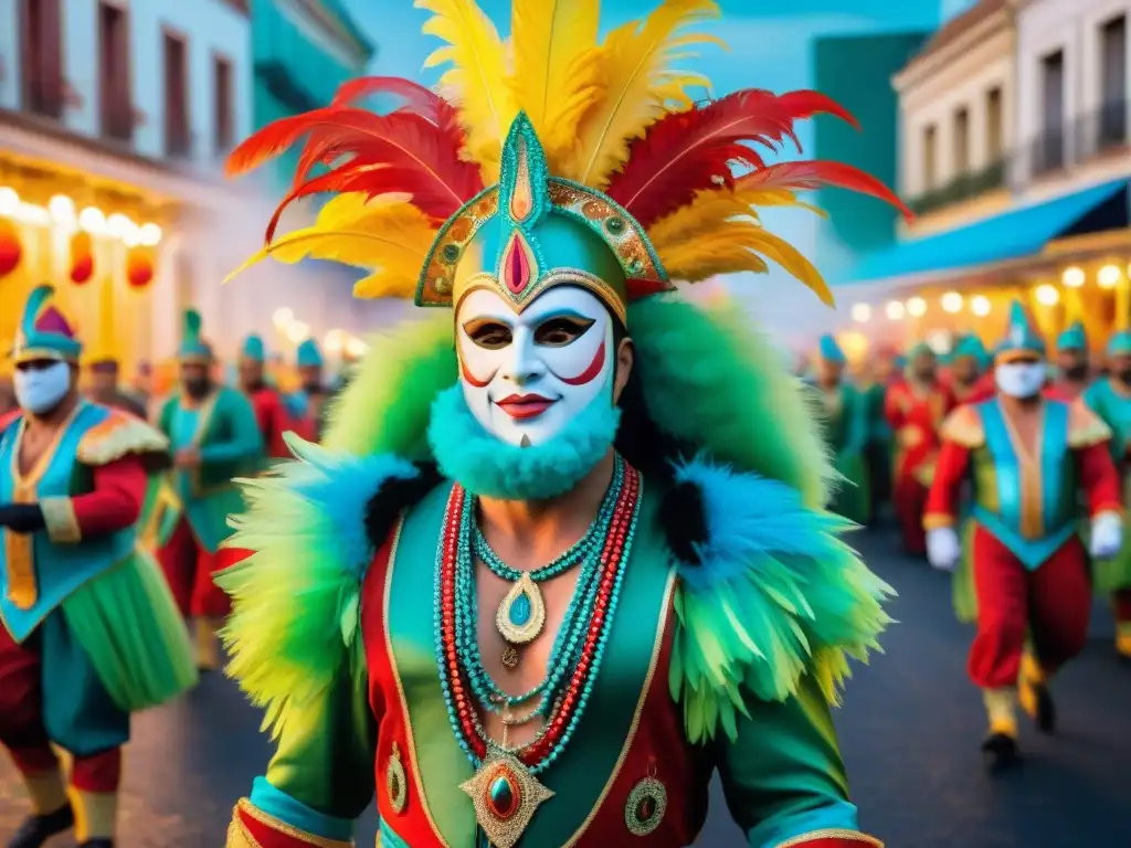 Un vibrante Carnaval Uruguayo: paleta de colores en desfile de carrozas y danzarines, espectadores felices