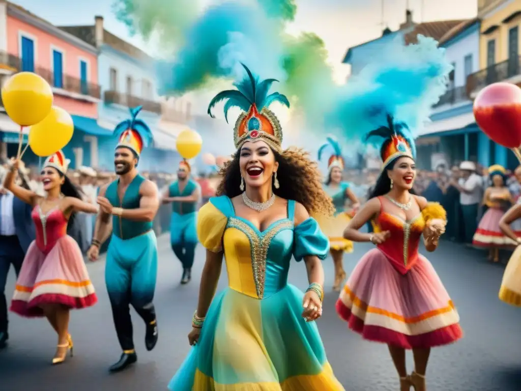 Un vibrante Carnaval Uruguayo con la evolución de los parodistas en trajes coloridos y elaborados bailando y actuando en la calle