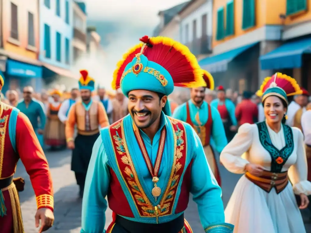 Un vibrante Carnaval Uruguayo con parodistas en trajes coloridos transformando la sociedad con crítica social