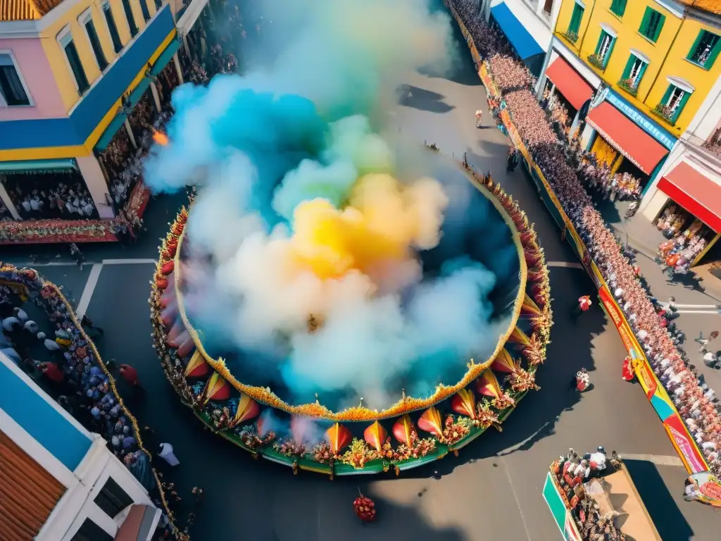 Vibrante Carnaval Uruguayo desde perspectiva aérea, con coloridos desfiles y multitudes