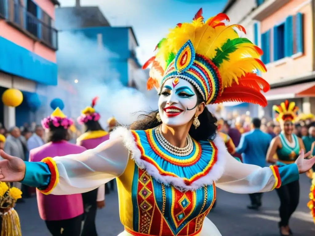 Disfruta del vibrante Carnaval Uruguayo en esta pintura acuarela detallada