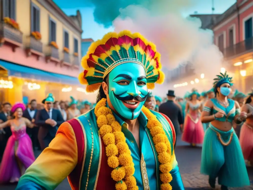 Un vibrante Carnaval Uruguayo plasmado en acuarela, documentando el legado del Carnaval con coloridos bailarines y música festiva