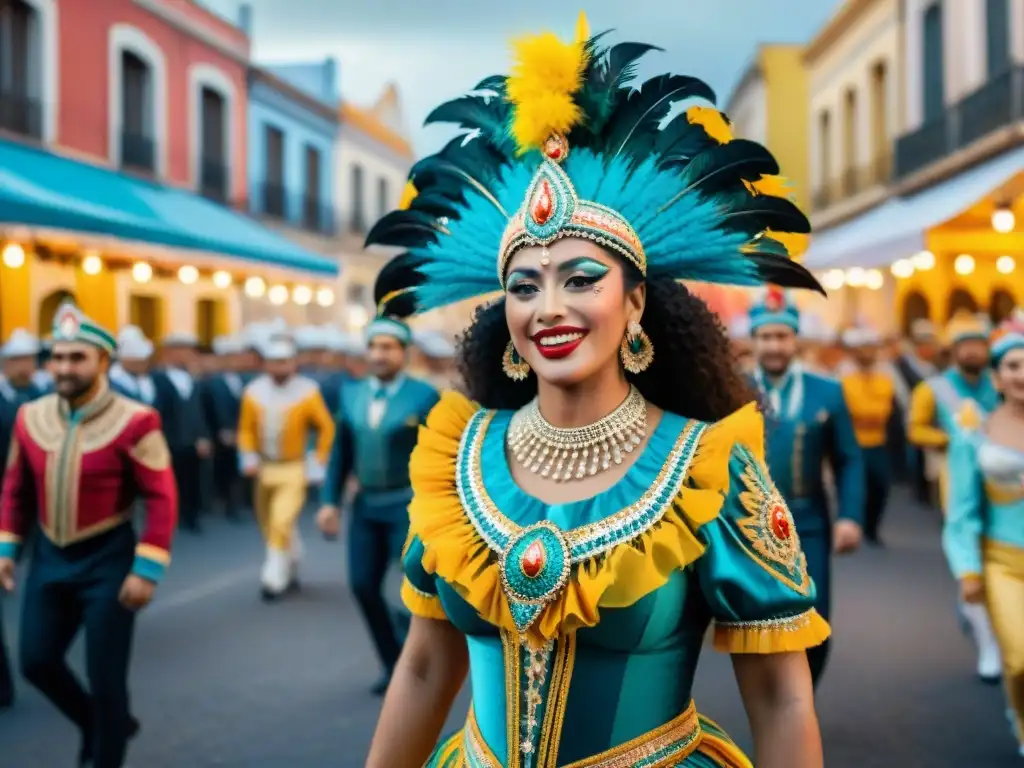 Vibrante Carnaval Uruguayo en Realidad Virtual: danzas, disfraces y una multitud festiva celebrando el desfile con entusiasmo