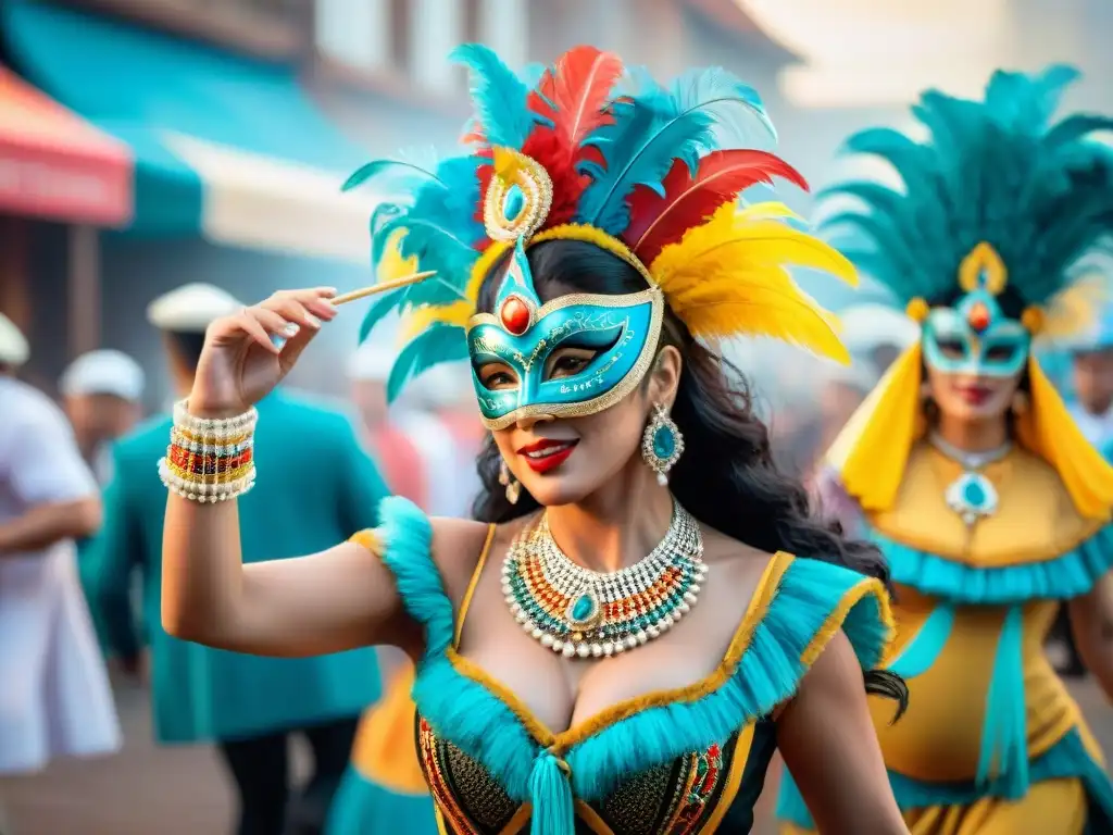 Vibrante Carnaval Uruguayo: Conservación riqueza cultural Carnaval Uruguayo en una pintura acuarela llena de coloridos trajes y bailes dinámicos