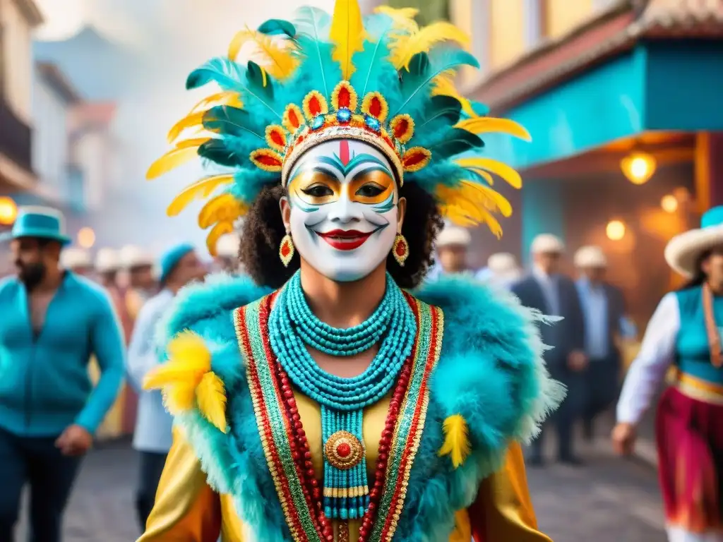 Celebración vibrante del Carnaval Uruguayo, conservación riqueza cultural, danzarines, tambores y máscaras en desfile callejero