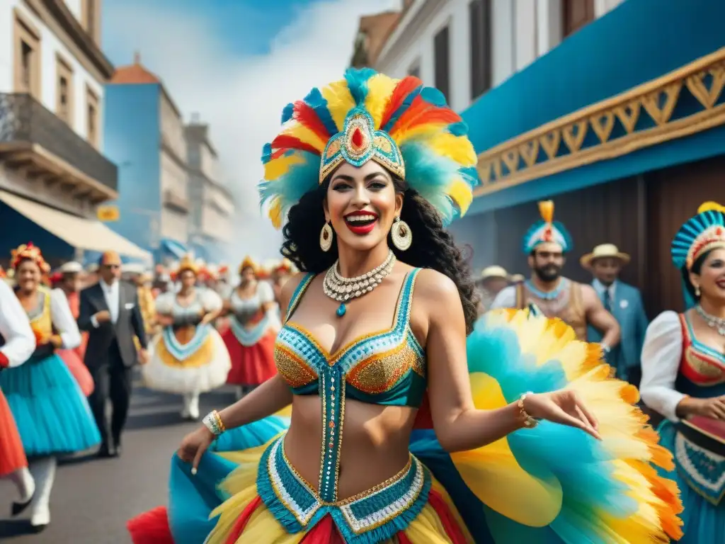 Vibrante Carnaval Uruguayo siglo XX: desfile colorido con danzarines y espectadores entusiastas