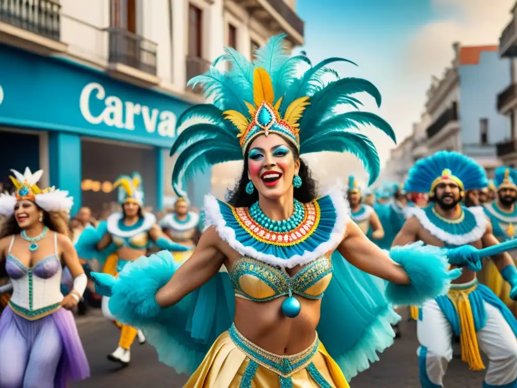 Vibrante Carnaval Uruguayo siglo XX: desfile colorido con músicos, bailarines y arquitectura de Montevideo de fondo, en acuarela exuberante