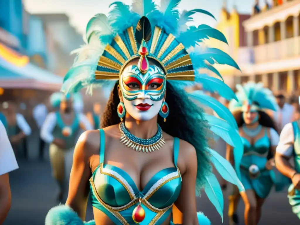 Vibrante Carnaval Uruguayo con simbolismos, máscaras y coloridos trajes en desfile callejero