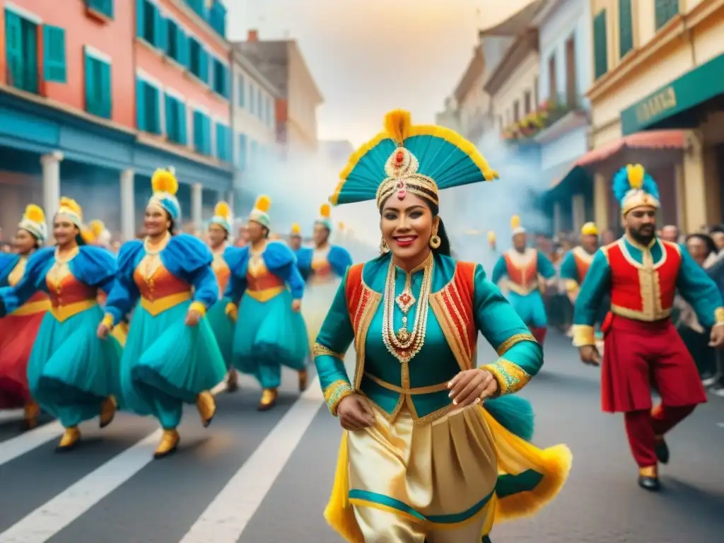 Una vibrante ilustración acuarela del Carnaval Uruguayo tradición sostenible, con deslumbrantes trajes y energía dinámica en las calles