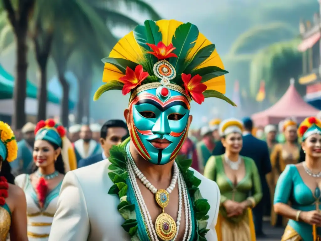 Un vibrante Carnaval Uruguayo sostenible: desfile alegre entre naturaleza exuberante y decoraciones coloridas