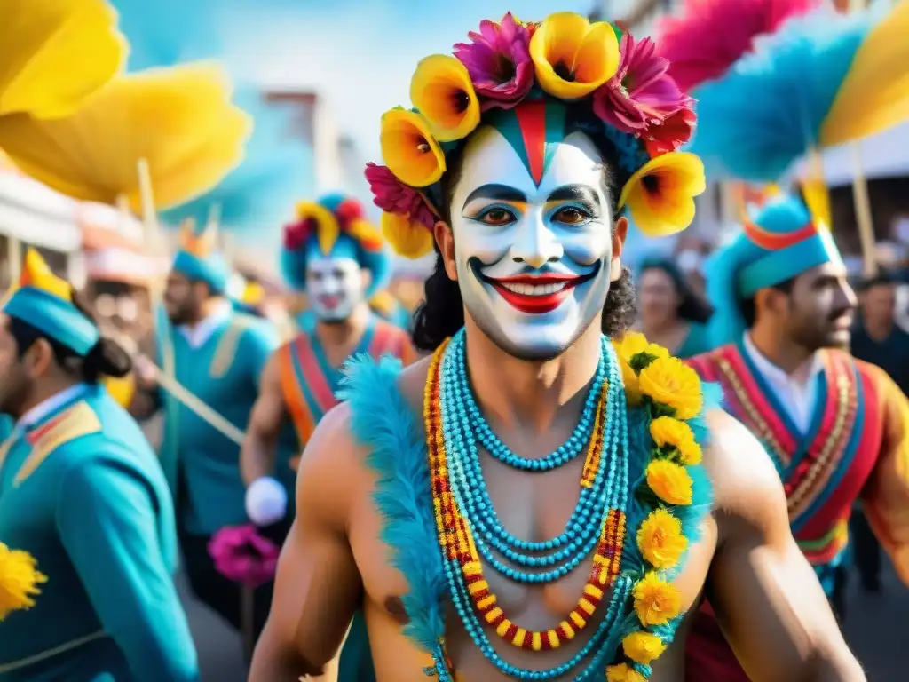 Un vibrante Carnaval Uruguayo celebrando la tradición sostenible con floats y trajes coloridos en un desfile alegre