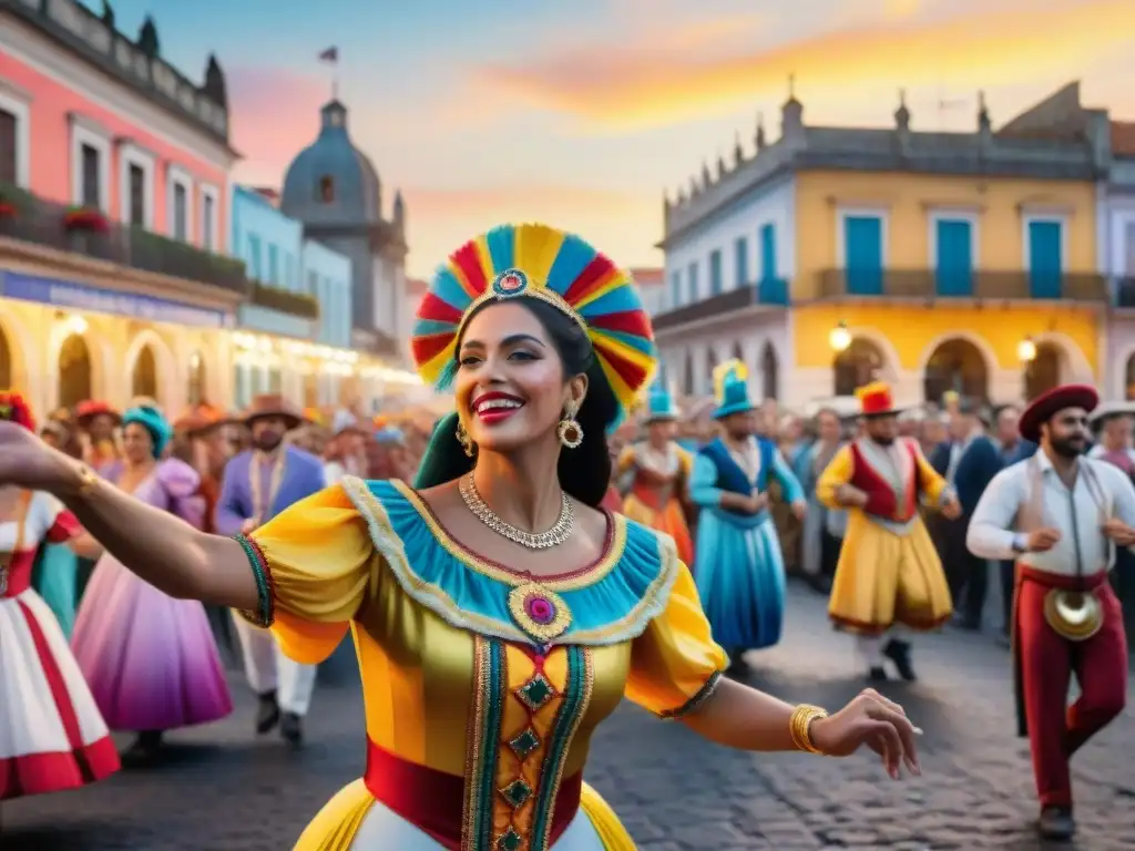 Vibrante Carnaval Uruguayo fusiona tradiciones locales en detallada acuarela