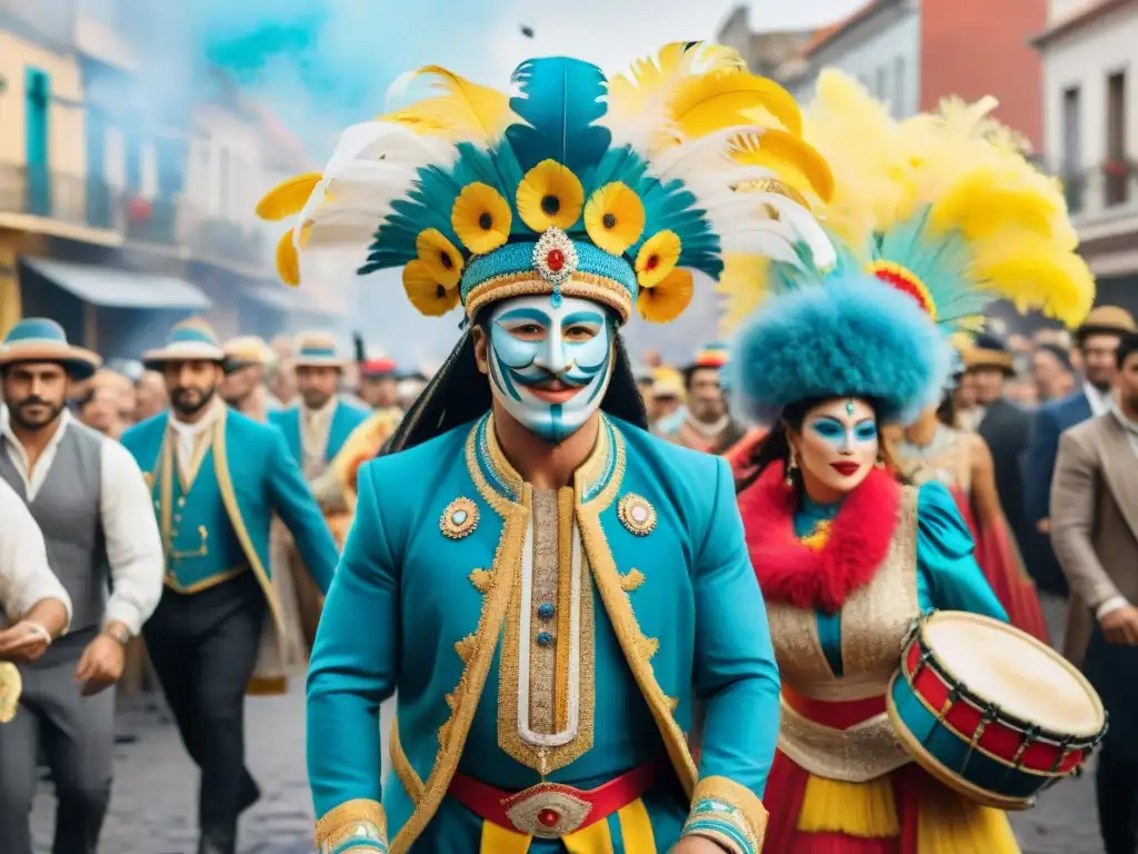 Vibrante Carnaval Uruguayo con trajes y accesorios combinados en detalle