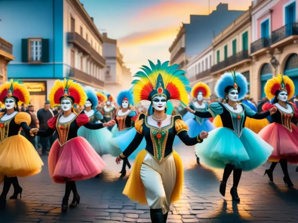 Una ilustración acuarela vibrante del Carnaval Uruguayo en Montevideo, con trajes coloridos, máscaras intrincadas y bailarines