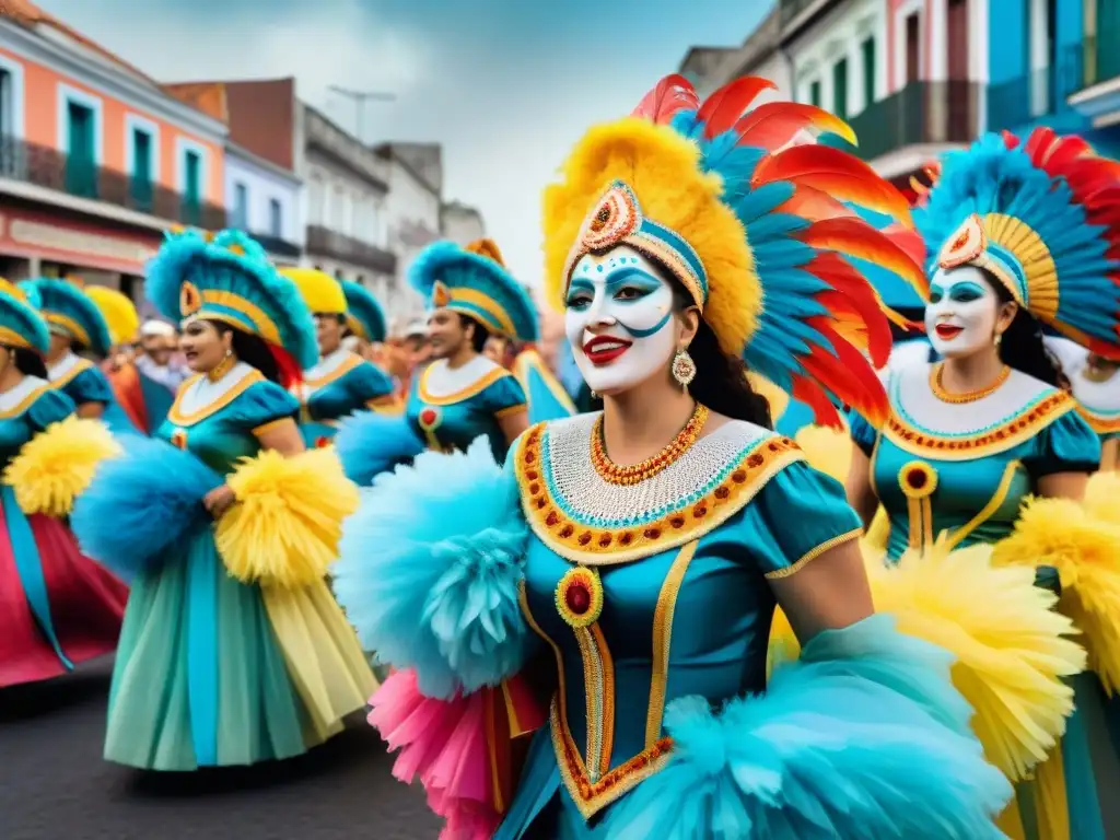 Desfile vibrante de Carnaval en Uruguay: color, alegría y tradición Un vibrante Carnaval Uruguayo, celebración de evolución e inclusión con trajes coloridos y música alegre