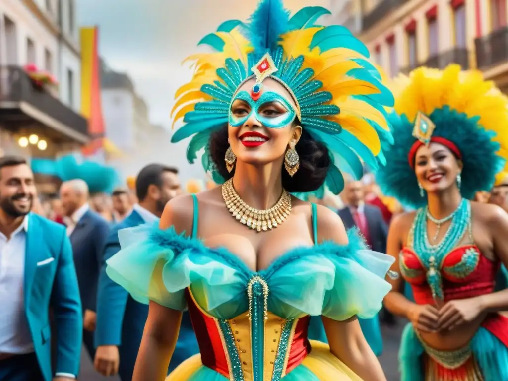 Un vibrante rincón secreto del Carnaval Uruguayo: trajes coloridos, música alegre y celebrantes bailando con alegría en las calles