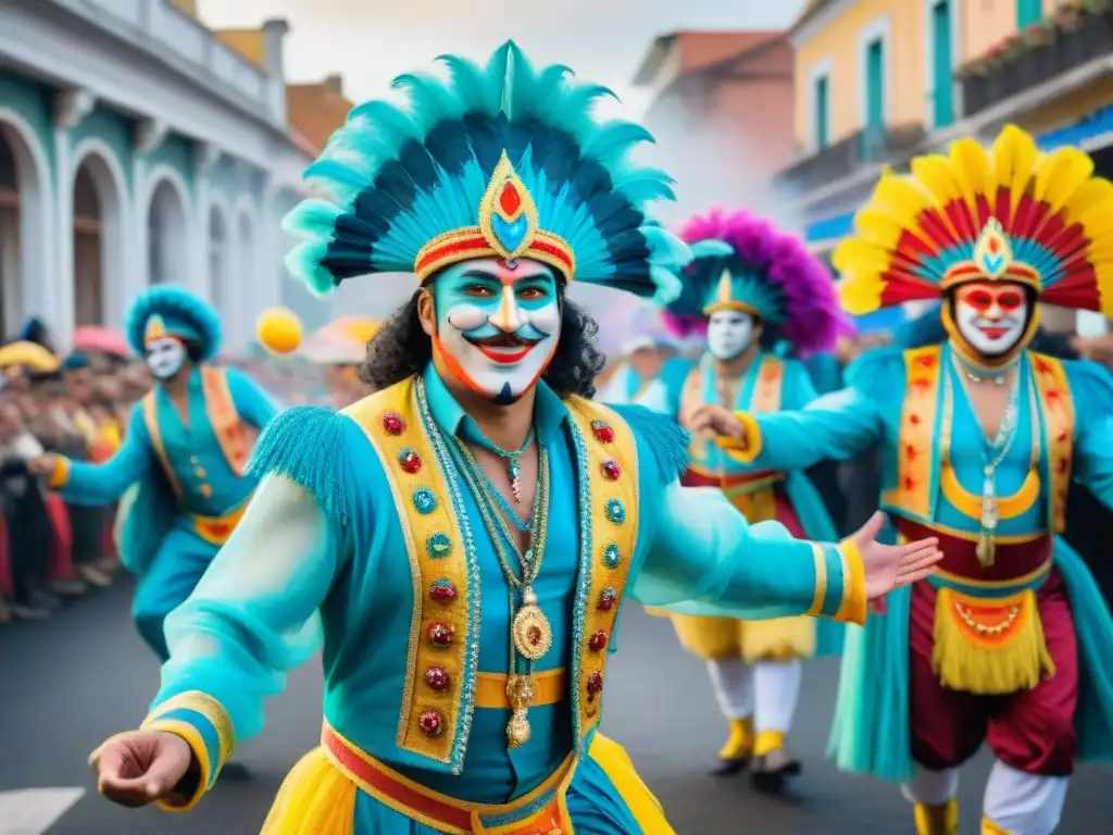 Un vibrante Carnaval Uruguayo: trajes detallados, carrozas coloridas y bailarines entusiastas