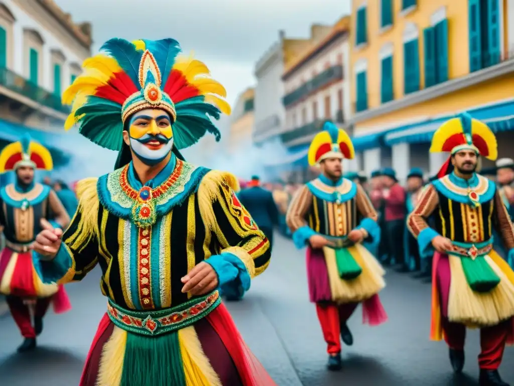 Vibrante ilustración acuarela del Carnaval Uruguayo a través de la historia: bailarines coloridos, tambores y espectadores alegres en las calles