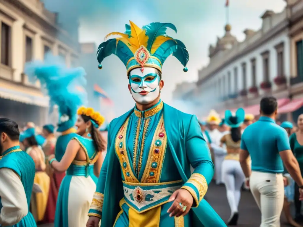 El vibrante Carnaval Uruguayo cobra vida en una detallada acuarela