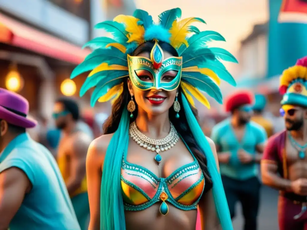 Un vibrante Carnaval Uruguayo virtual con máscaras coloridas, bailarines y público en pantallas digitales