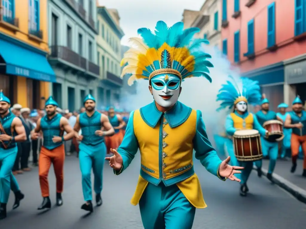 Vibrante ilustración acuarela del Carnaval Uruguayo en Montevideo