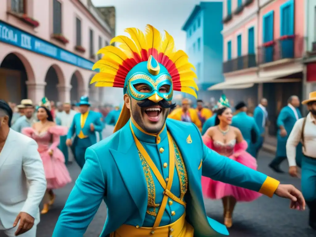 Un vibrante Carnaval en Uruguay: humoristas uruguayos llenan la escena con energía y humor en este impresionante arte acuarela