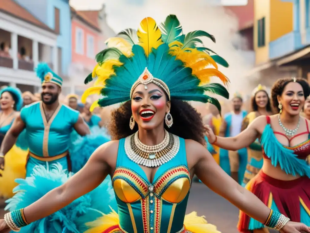 Una ilustración vibrante de Carnaval con una vedette afrouruguaya en el centro del escenario, rodeada de coloridos trajes y detalles festivos