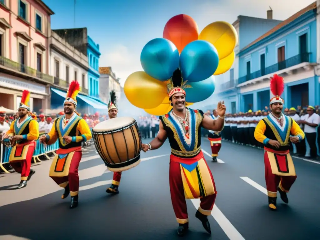 Una vibrante celebración callejera durante el Carnaval en Uruguay, con el candombe como historia del candombe en Uruguay