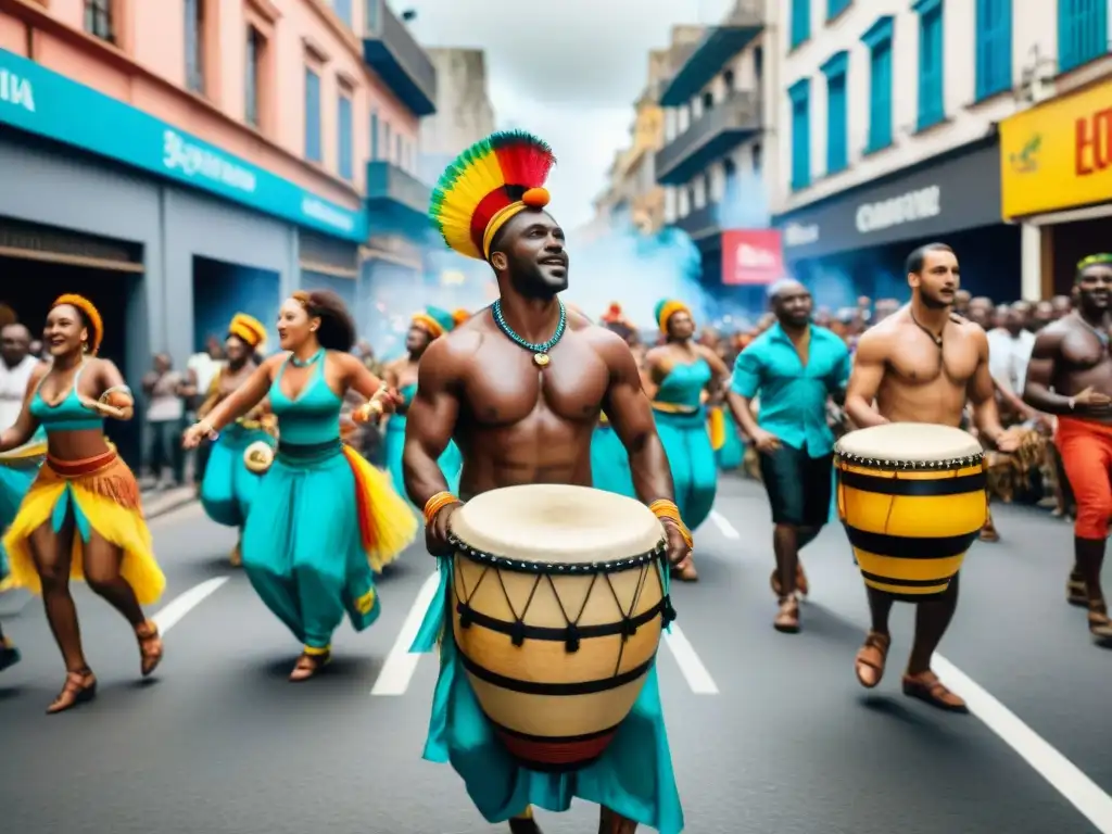 Una vibrante celebración callejera en Montevideo, Uruguay, muestra la influencia africana en el Candombe con bailes alegres y tambores