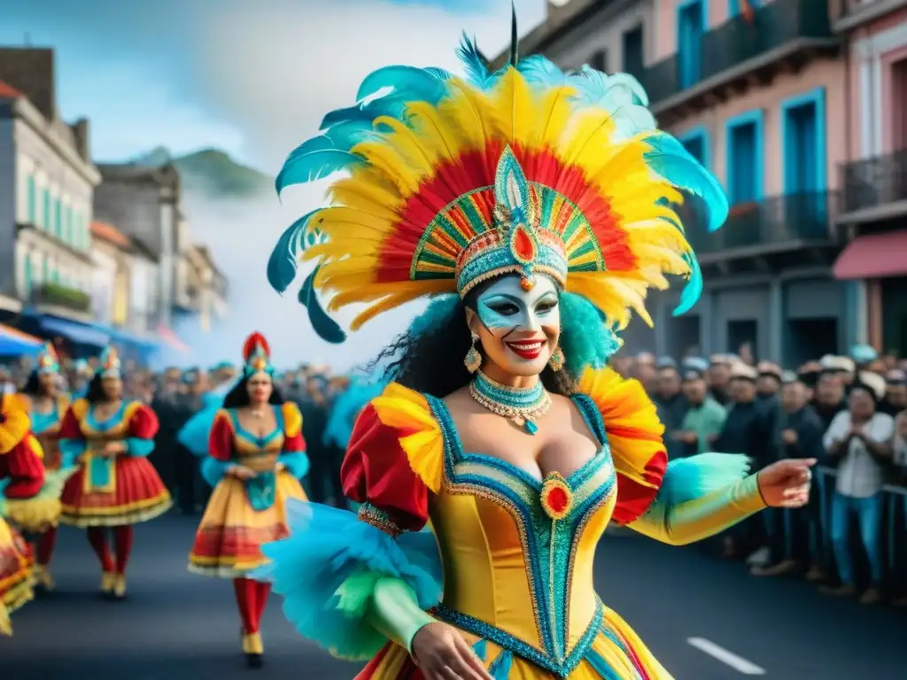 Una vibrante celebración de Carnaval en Uruguay con floats y trajes coloridos, transmitiendo el impacto ambiental positivo del evento