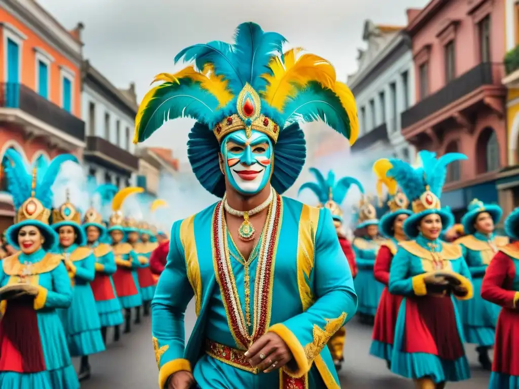 Una vibrante celebración del Carnaval Uruguayo, con desfiles coloridos, trajes elaborados y espectadores entusiastas