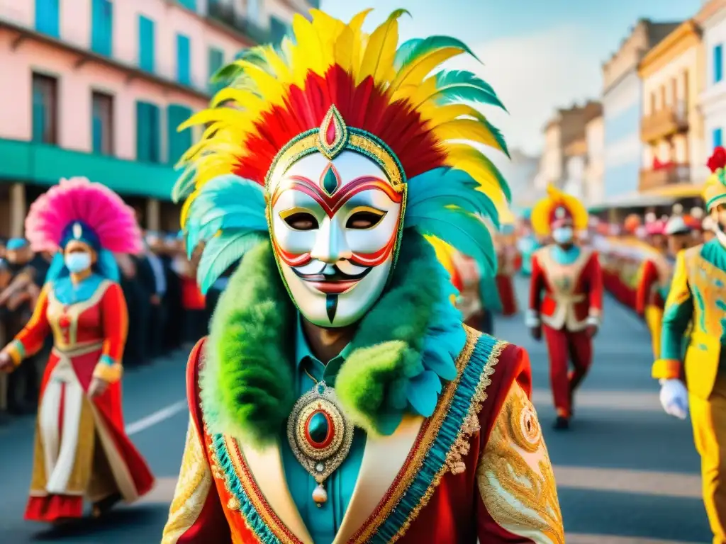 Vibrante celebración ecoeficiente del Carnaval Uruguayo: desfile colorido entre máscaras y trajes tradicionales