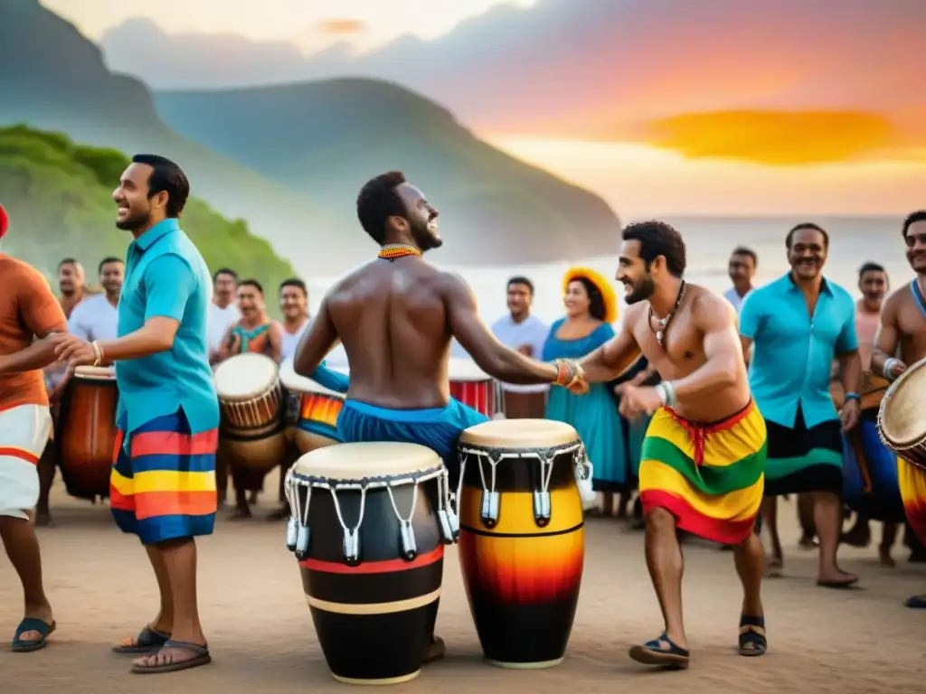 Círculo de candombe: diversidad y alegría en el atardecer uruguayo Un vibrante círculo de candombe en Uruguay al atardecer, mostrando beneficios de salud mental