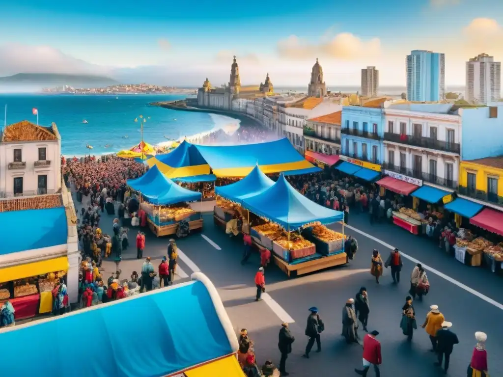 Desfile colorido de Carnaval en Uruguay: alegría y tradición Una vibrante ilustración acuarela de la cocina festiva en Carnaval Uruguayo: desfiles coloridos, bailarines con trajes intricados y comida tradicional