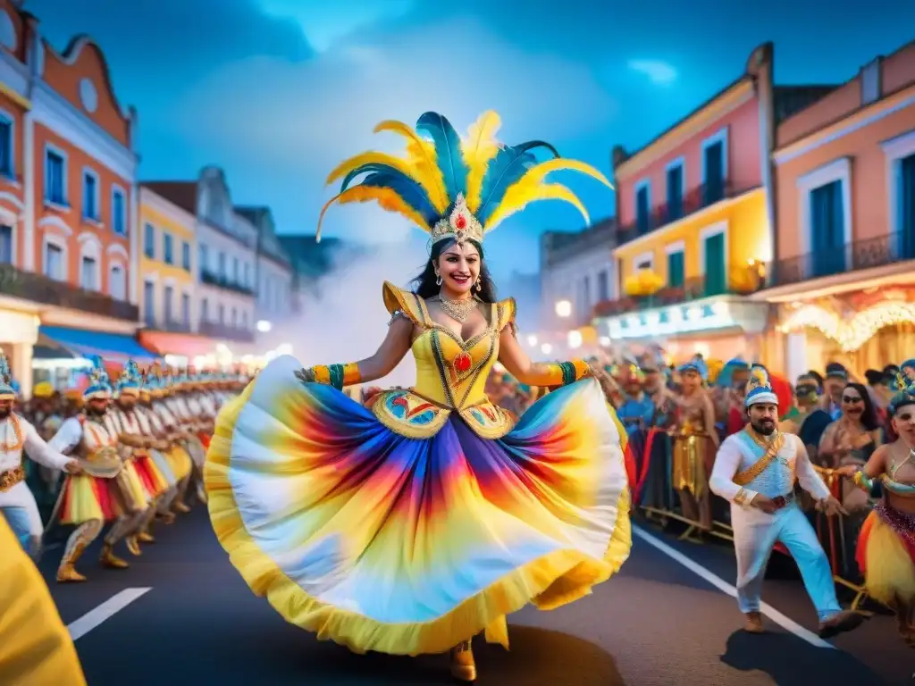 Float vibrante y colorido en Carnaval Uruguayo con streamers y bailarines en trajes festivos