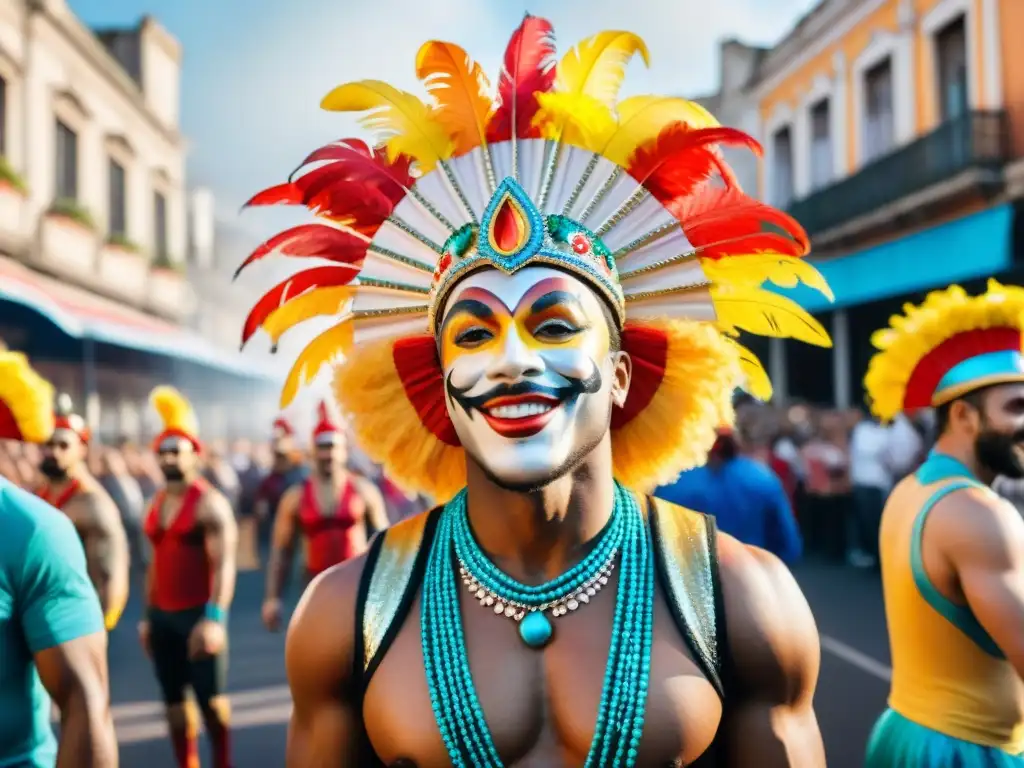 Un vibrante y colorido retrato en acuarela de Agrupaciones LGBT+ en Carnaval Uruguayo, con trajes llamativos y expresiones alegres