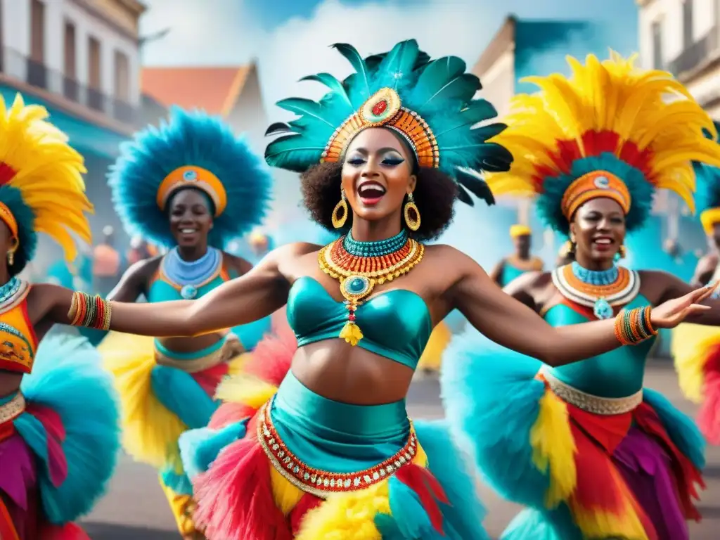 Vibrante comparsa de bailarines en trajes africanos en el Carnaval Uruguayo, lleno de color y movimiento