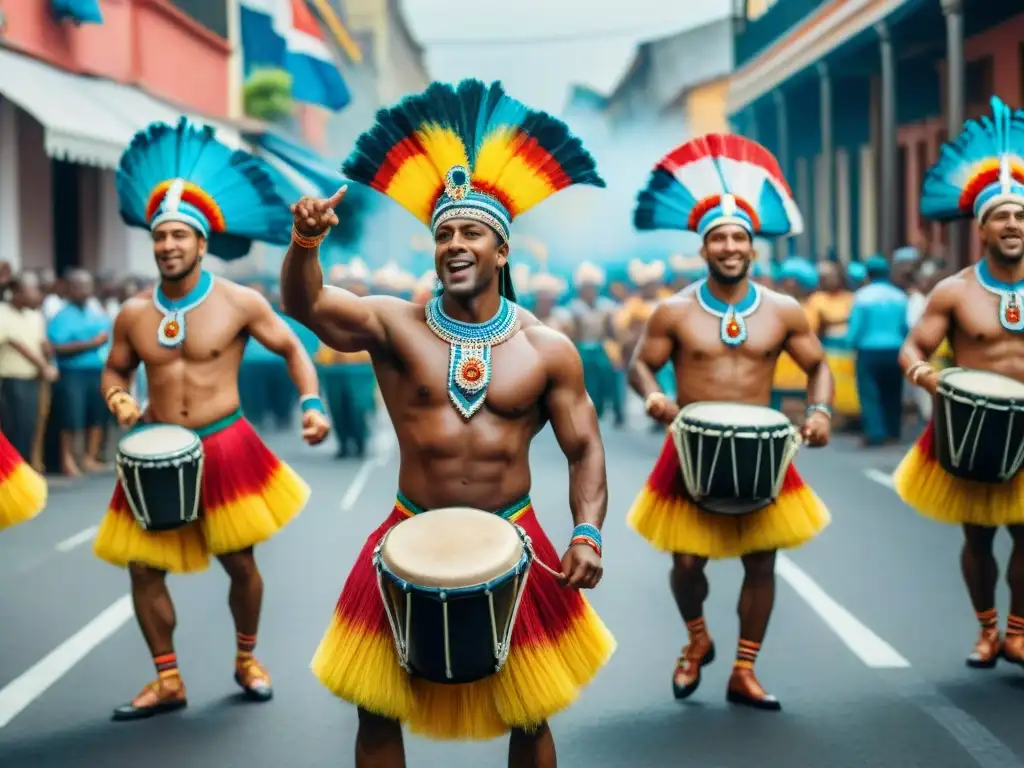 Una vibrante comparsa de Candombe, resaltando la importancia de la preservación cultural con coloridos trajes y músicos