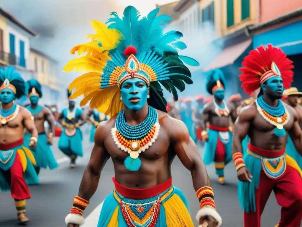 Vibrante comparsa de Carnaval en Uruguay resaltando la influencia afrouruguaya