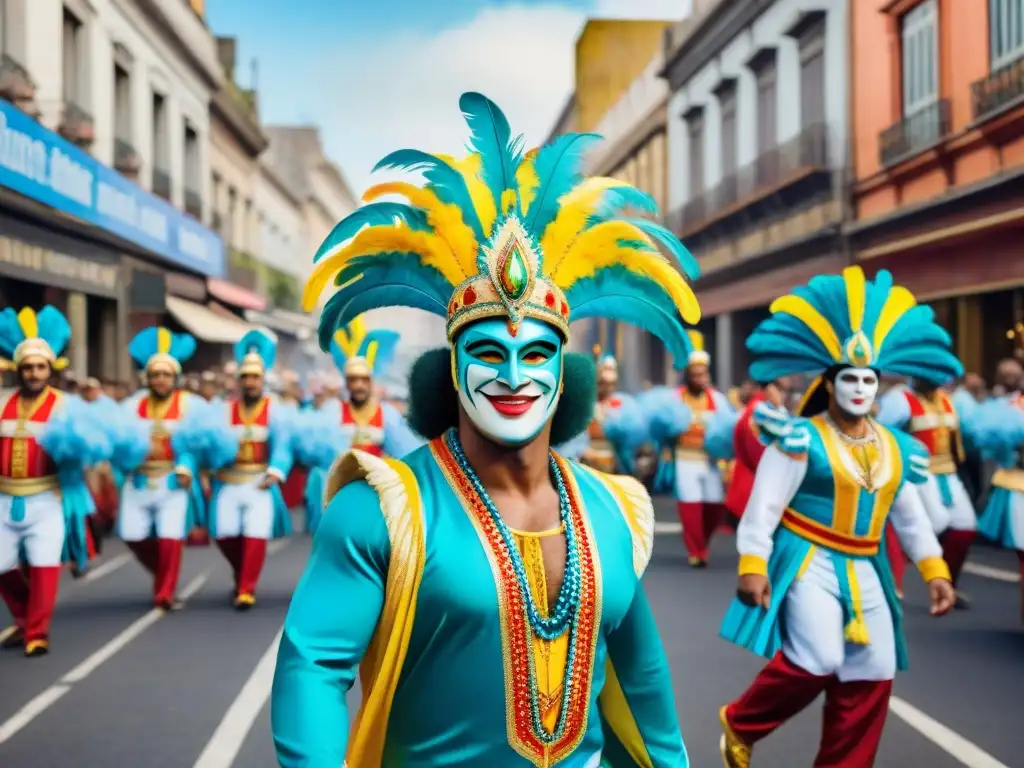 Una vibrante comparsa de Carnaval en Montevideo con trajes coloridos y bailes energéticos